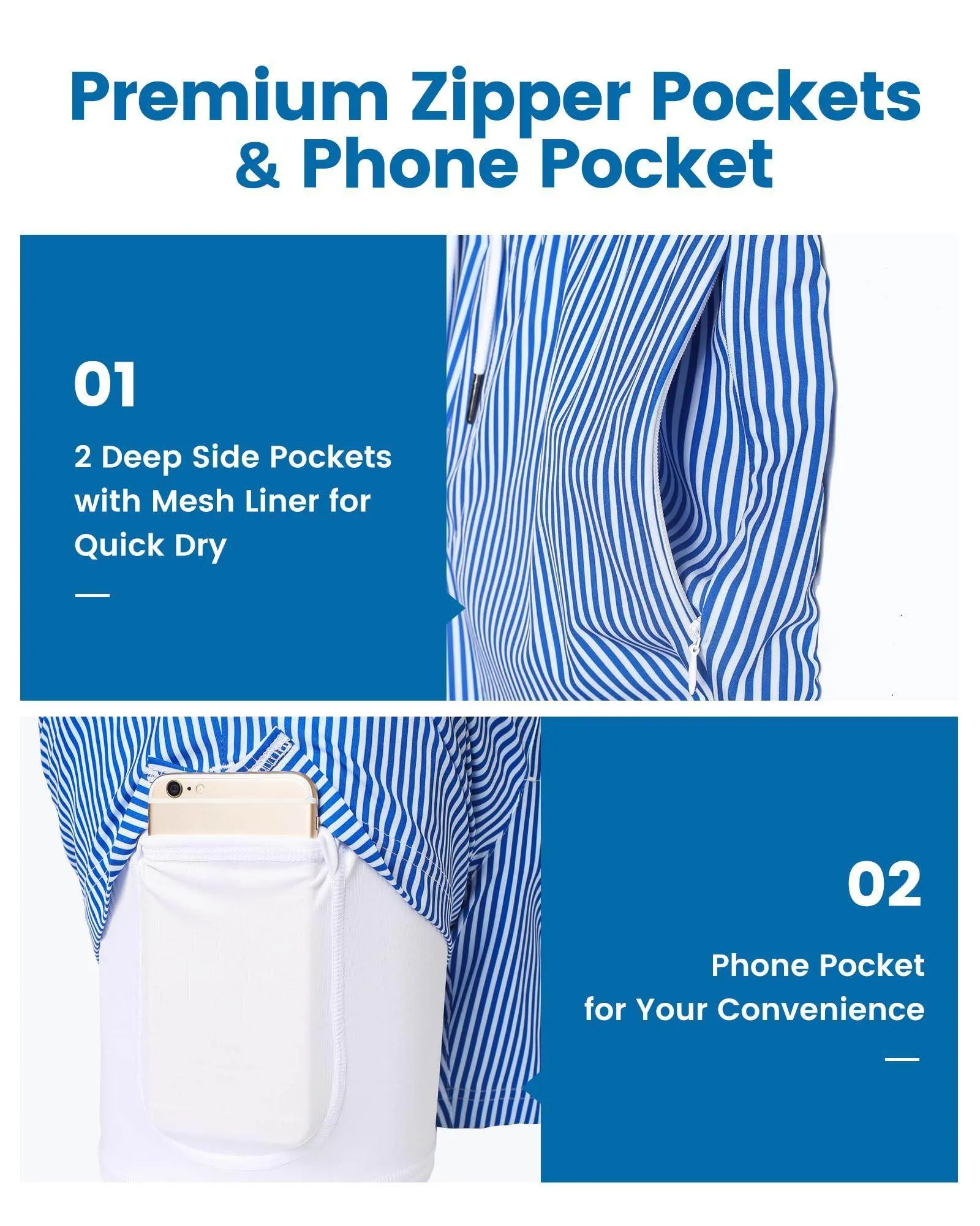 Mens Swim Trunks Compression Liner Quick Dry Zipper Pockets
