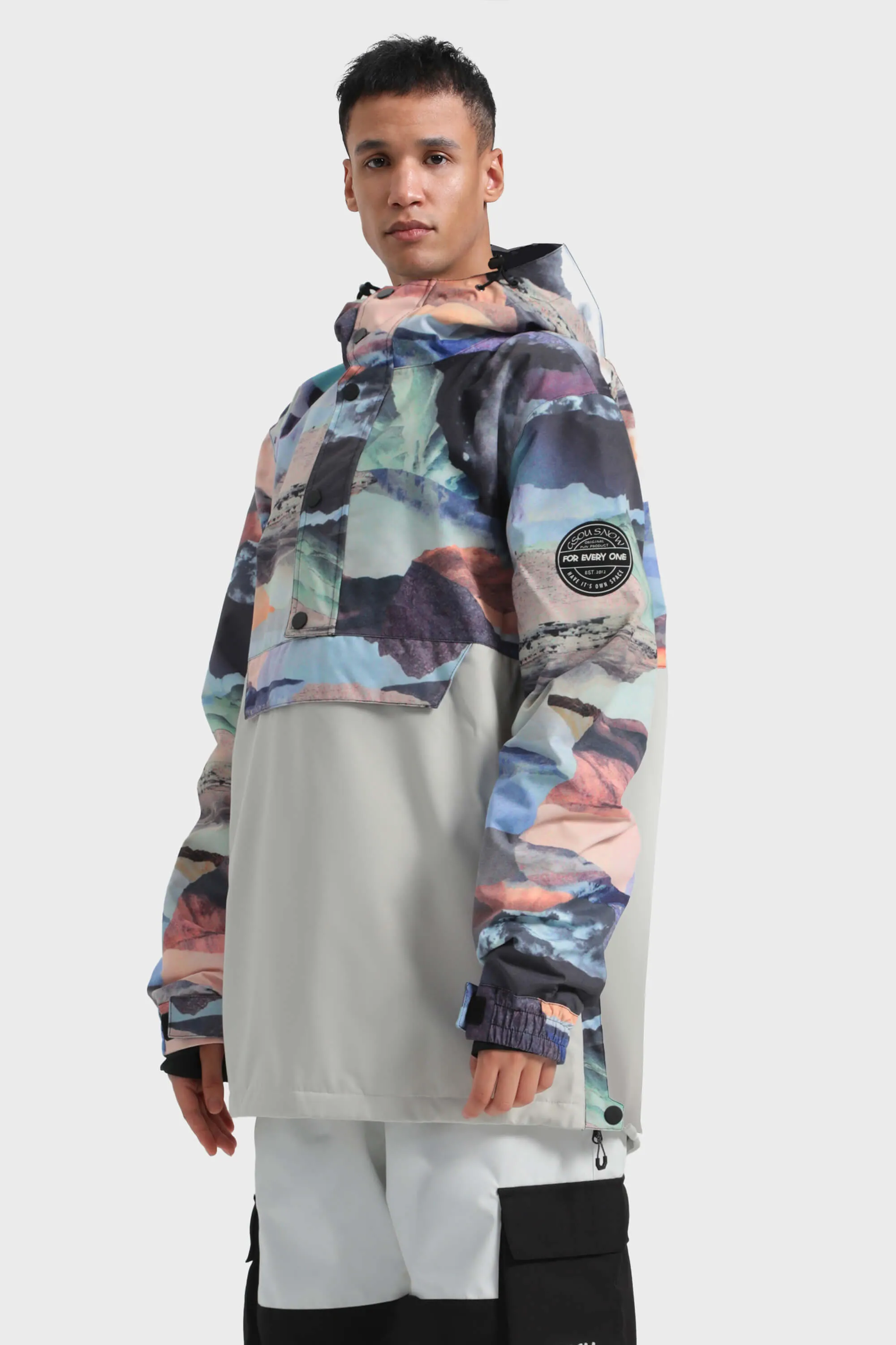 Men's Tie-Dye Loose-Fit Multi-Snap Closure Waterproof Snow Anorak
