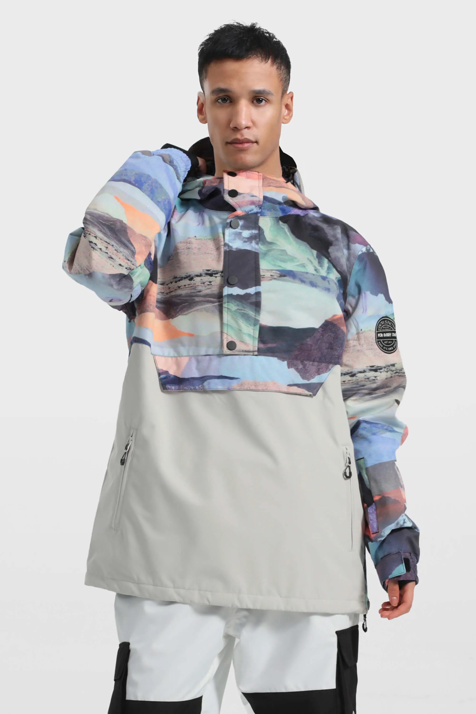 Men's Tie-Dye Loose-Fit Multi-Snap Closure Waterproof Snow Anorak