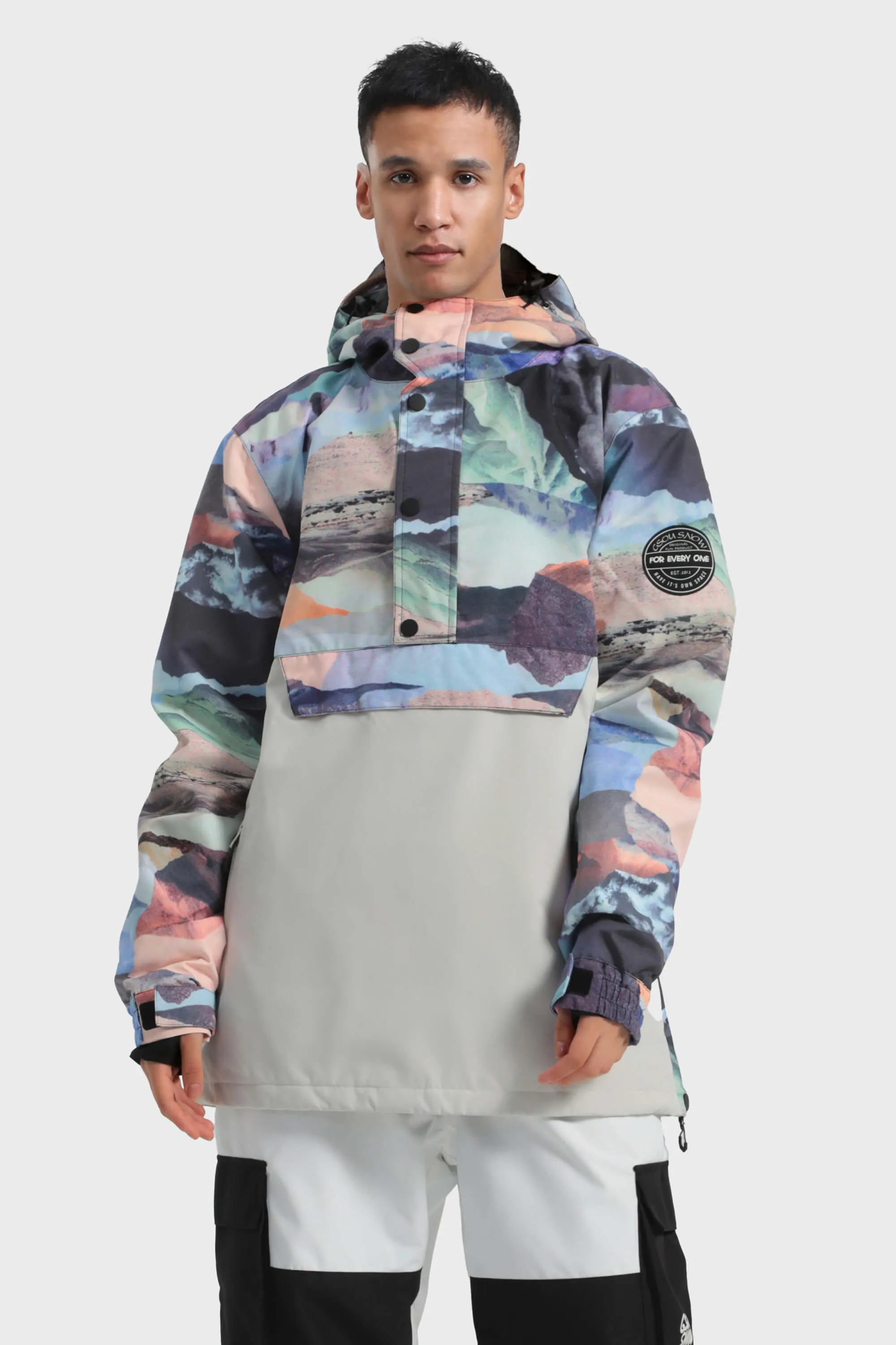Men's Tie-Dye Loose-Fit Multi-Snap Closure Waterproof Snow Anorak