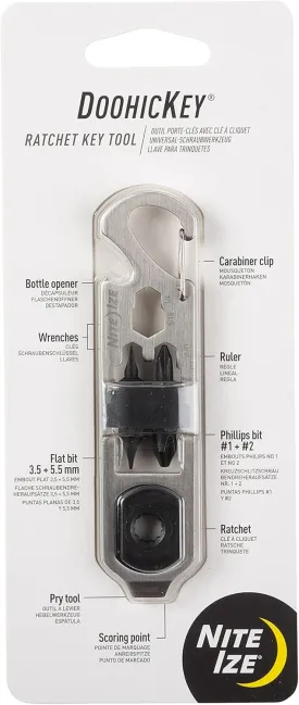 Nite Ize DoohicKey Ratchet Key Tool - Keychain Multitool with Carabiner Clip - Pocket Tool with Ruler, Bottle Opener, Wrenches, Pry Tool, Scoring Point & Ratchet