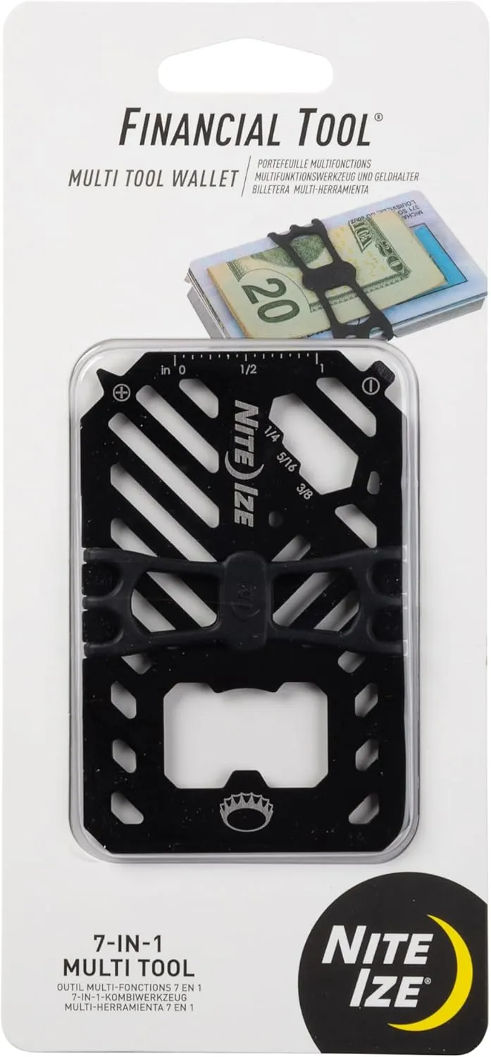 Nite Ize Financial Multi Tool Wallet - Stainless Steel 7-in-1 Multi Tool - Travel Wallet for Men & Women - Bottle Opener, Screwdriver, Rulers & More - Black