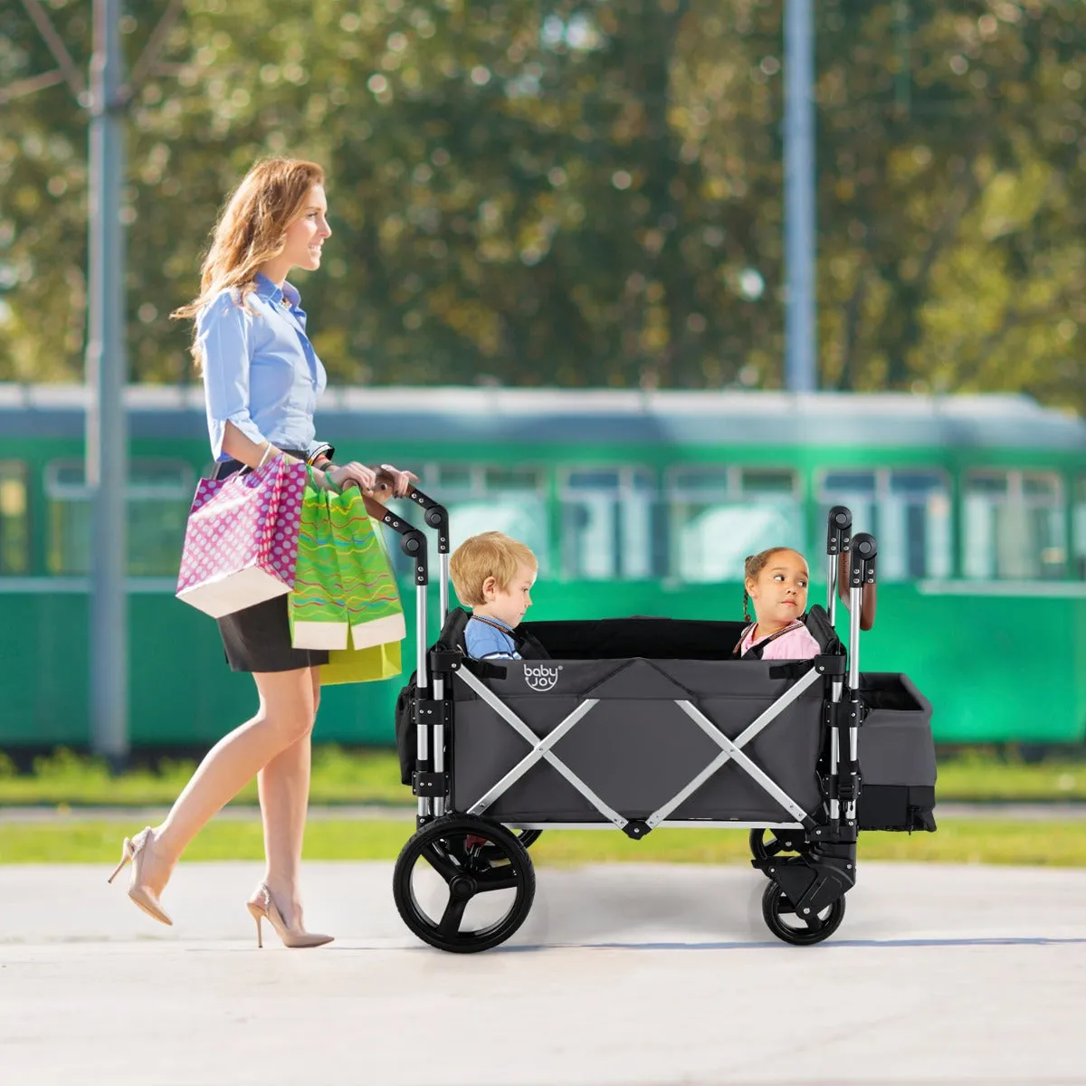NNECW Adjustable Stroller Wagon with Ample Storage for Kids