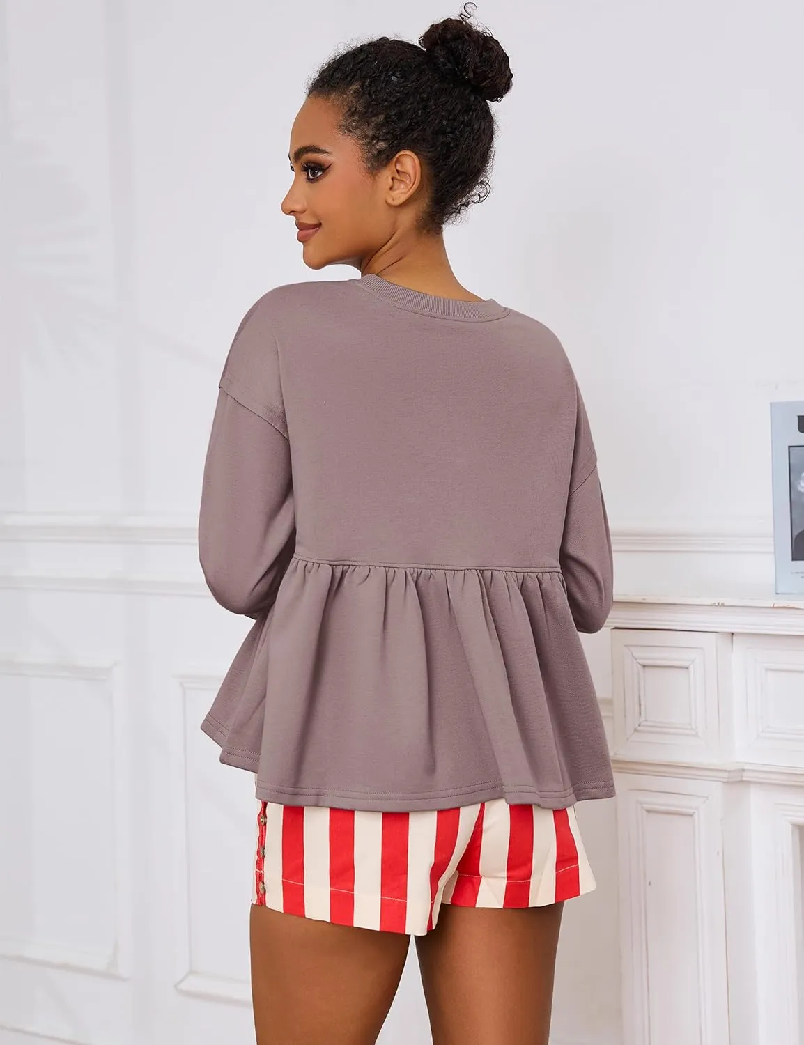 OLAPTA Women Peplum Ruffled Hem Long Sleeve Sweatshirts Cute Crew Neck Loose Drop Shoulder Pullover Flowy Trendy Fall Clothes