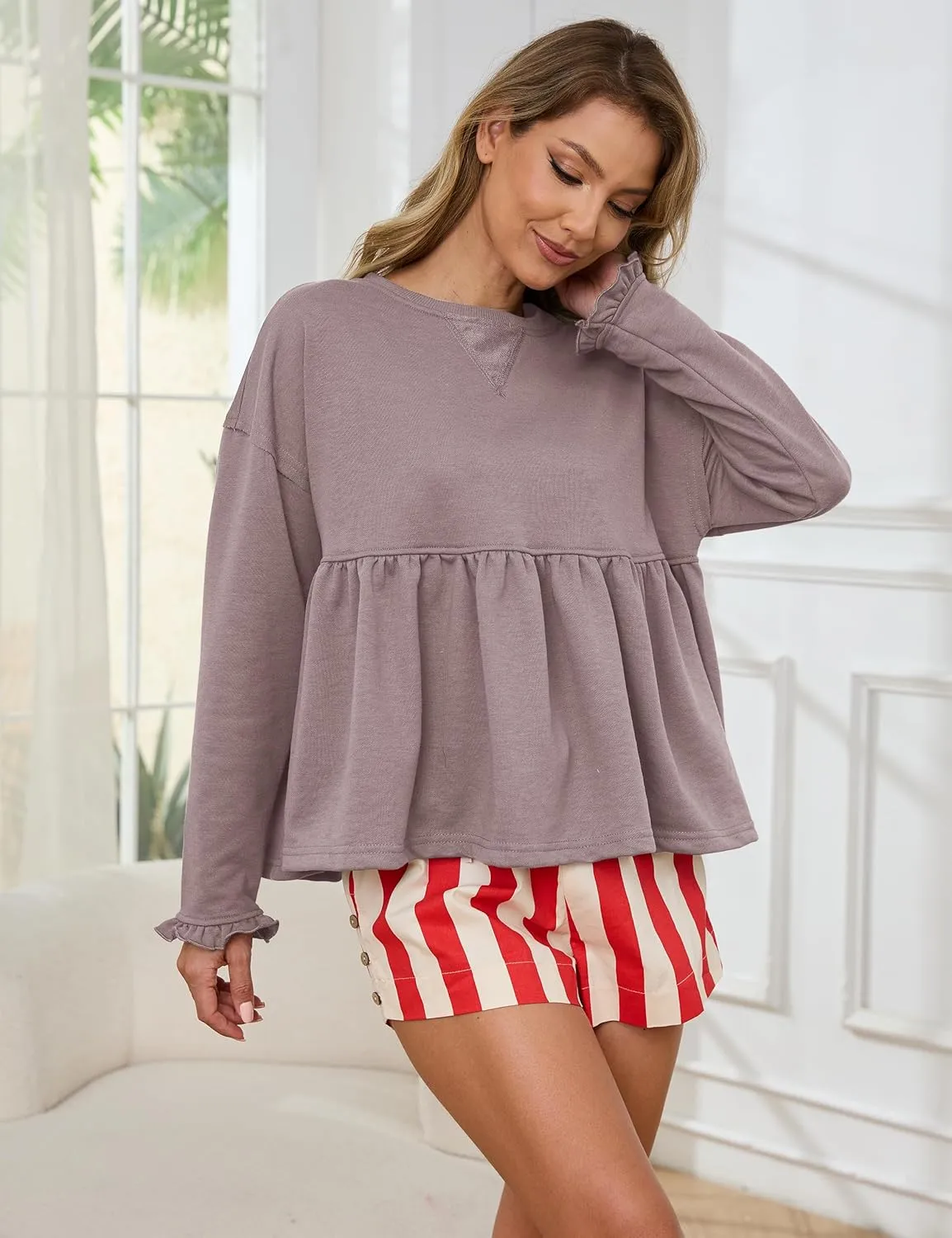 OLAPTA Women Peplum Ruffled Hem Long Sleeve Sweatshirts Cute Crew Neck Loose Drop Shoulder Pullover Flowy Trendy Fall Clothes