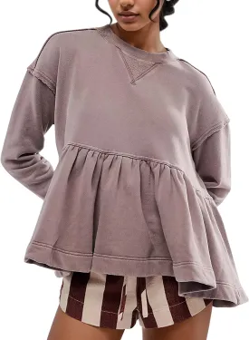 OLAPTA Women Peplum Ruffled Hem Long Sleeve Sweatshirts Cute Crew Neck Loose Drop Shoulder Pullover Flowy Trendy Fall Clothes