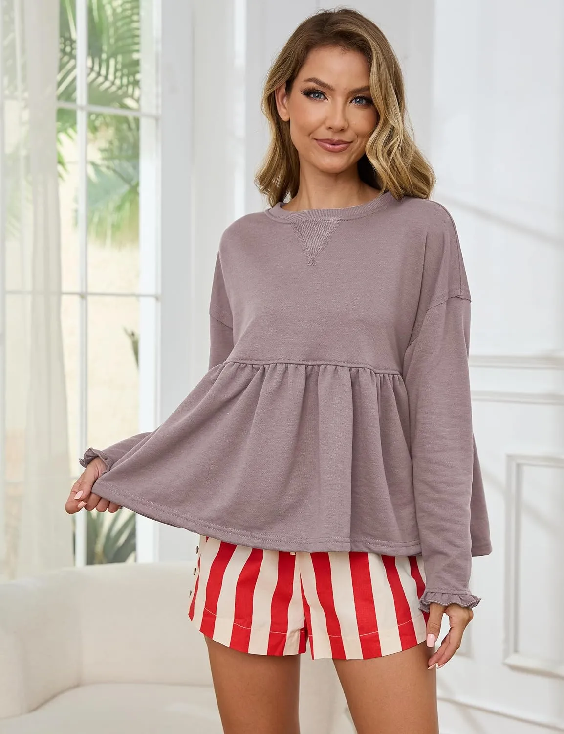 OLAPTA Women Peplum Ruffled Hem Long Sleeve Sweatshirts Cute Crew Neck Loose Drop Shoulder Pullover Flowy Trendy Fall Clothes