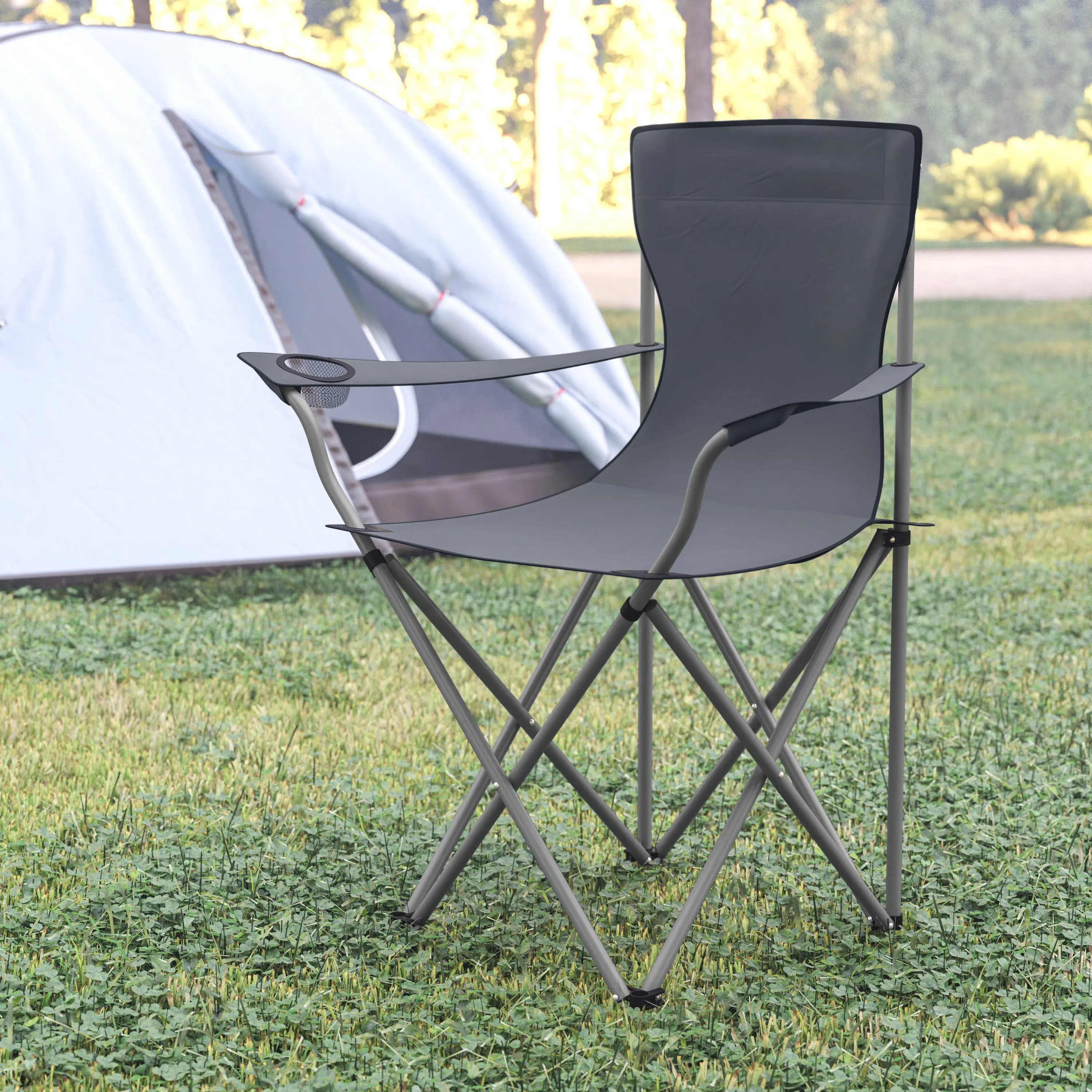 Quad Folding Camping and Sports Chair with Armrest Cupholder - Portable Gray Indoor/Outdoor Fishing Chair with Extra Wide Carry Bag