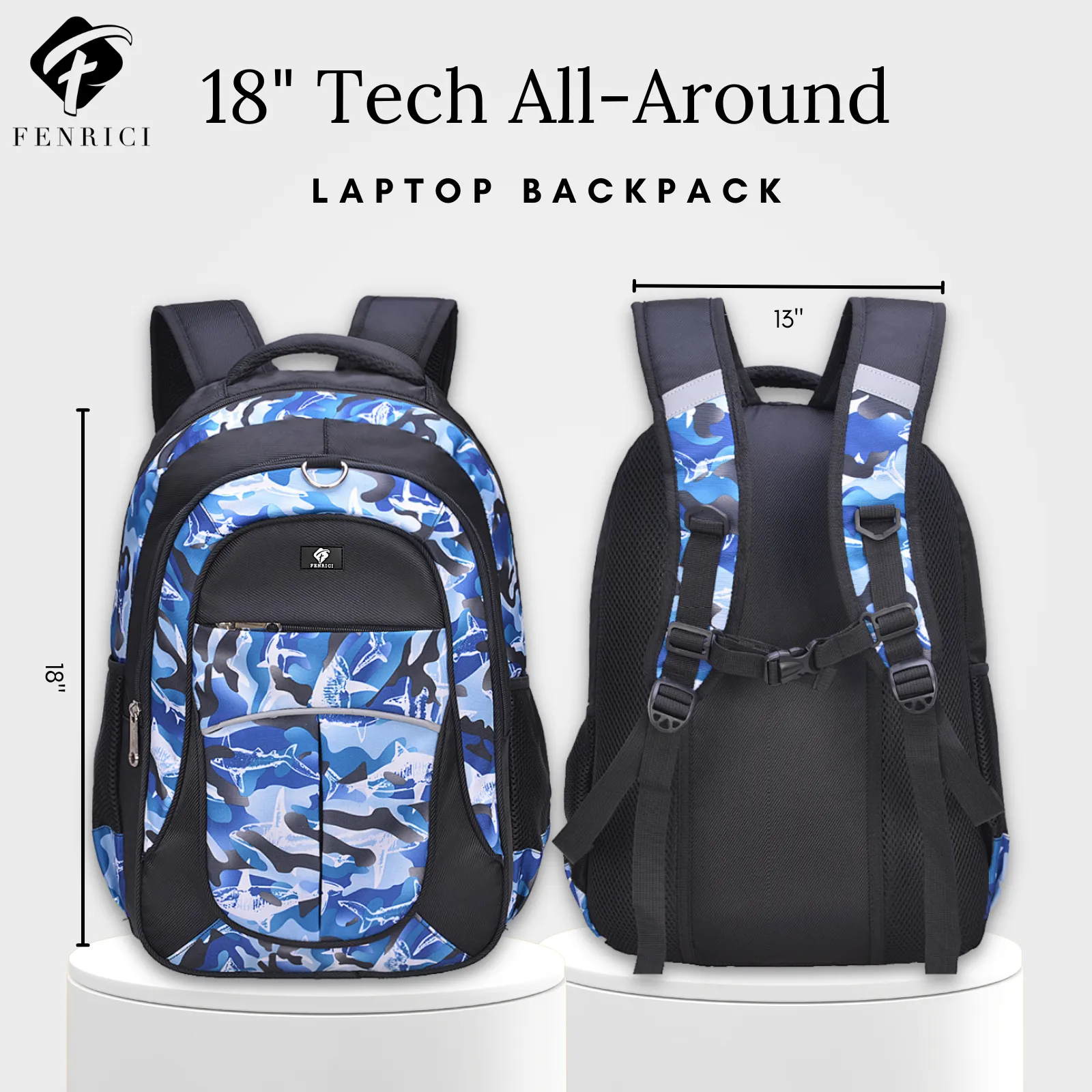 Shark Backpack with Laptop Compartment, Blue Backpack, Durable, Gives Back to a Great Cause, 18 Inches