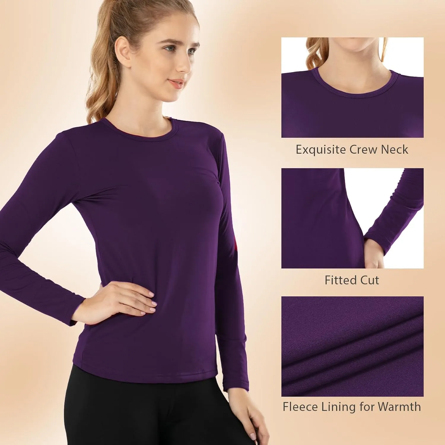Subuteay Womens Thermal Tops Turtleneck Crew Neck Fleece Lined Shirt Long Sleeve Base Layer Undershirt