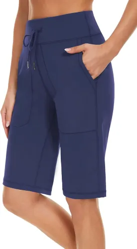 Women's Long Shorts 12" Knee Length Running Athletic High Waist Deep Pockets Quick Dry Loose Fit